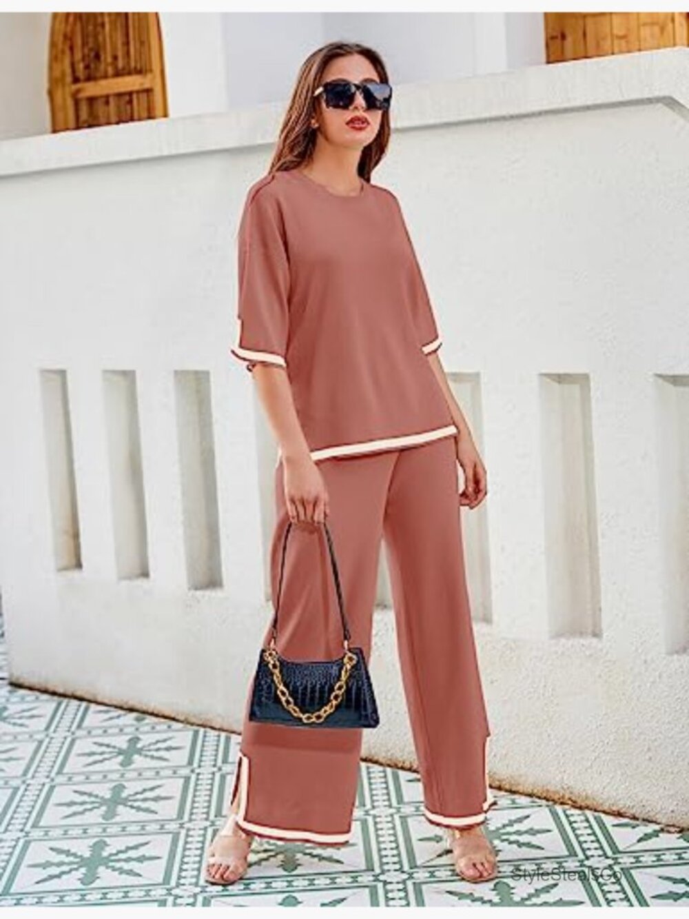 2 Piece Lounge Sets Short Sleeve Knit Pullover Tops Wide Leg Pants - Picture 5 of 7